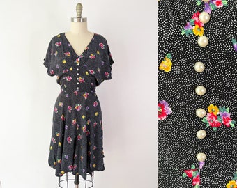 Size M Black Floral Dress, 1980s Vintage 80s Polka Dot Sun Dress Rayon Back Black Floral Dark Cottagecore Jonathan Martin