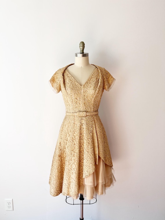 Size S - 1950s Ecru Vintage Lace Dress by Jeanne Hardy / 50s Dress Cream Lace Illusion A Line Skirt / Peekaboo Tulle / Lace Overlay Dress