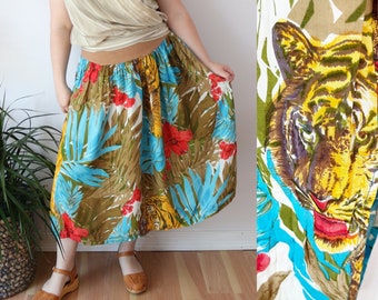SIZE L/XL René Derhy Tiger Print India Cotton Midi Skirt - Tropical Unique Novelty Print Skirt