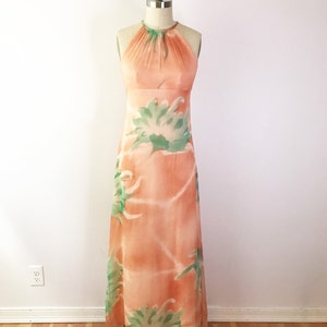 SIZE XS / XXS Vintage 1970s Peach Chiffon Floral Maxi Dress 70s Sheer Capelet Shawl Long Dress Orange Teal image 2
