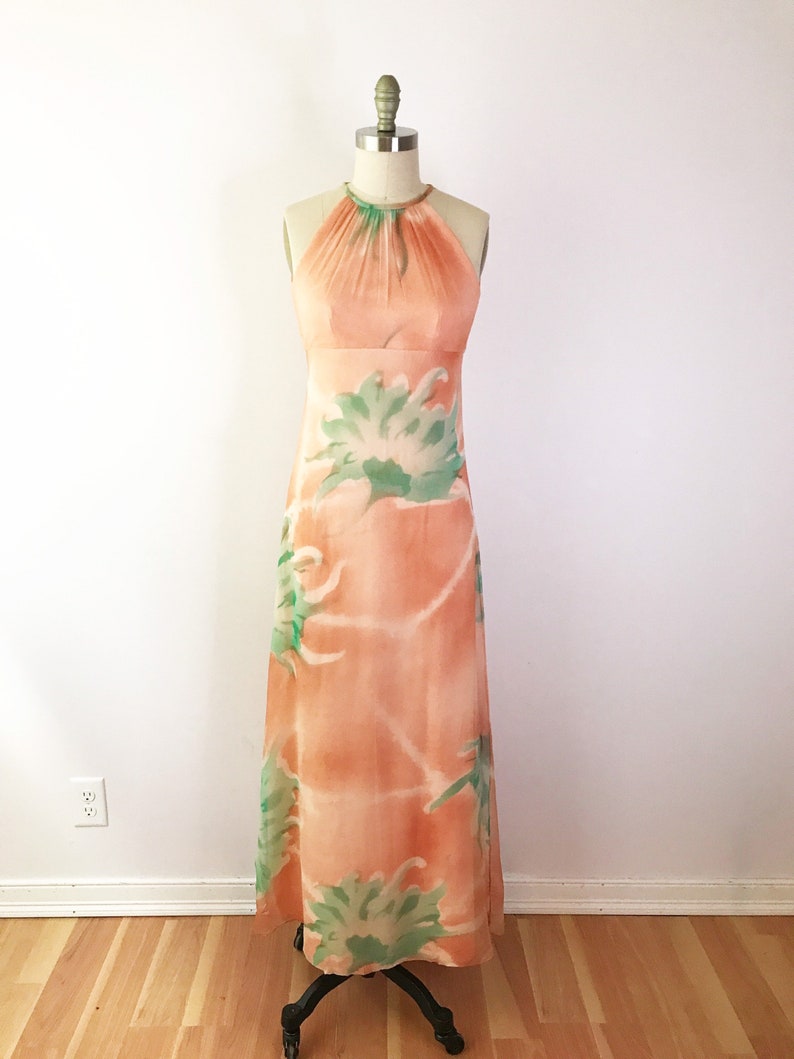 SIZE XS / XXS Vintage 1970s Peach Chiffon Floral Maxi Dress 70s Sheer Capelet Shawl Long Dress Orange Teal image 2