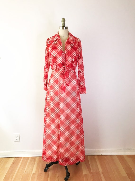 SIZE XS 1970s Gingham Maxi Dress / 70s Red Picnic… - image 3