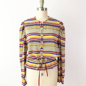 SIZE S 70s Colorful Striped Blouse / 70s Nipon Peplum Drawstring Waist Shirt / Vintage Stripe Top Long Sleeve Ruffle Puff Sleeve Bold