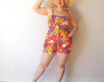 Größe XL Hawaiianische Marjy Stevens Romper Pink Gelb Blumen Vintage 60er Playsuit