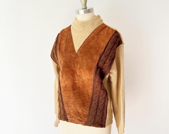 Gloray Knitting Mills Wool & Suede Patchwork Sweater Brown 1960s Vintage Unique