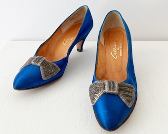 6.5 AA Blue Satin Beaded Bow Heels Vintage 1960s Cellini for Bonwit Teller