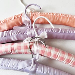 Vintage Plush Hangers / Delicates Clothing Hangers / Fabric Covered / Pink and Purple Satin / Set of 4 Gingham Coquette