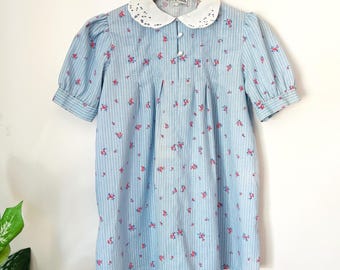 SIZE 5/6 Chablis Dress Blue Striped Floral Eyelet Peter Pan Collar Vintage Kids