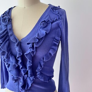Op de afbeelding: Een periwinkelblauwe cardigan met een V-hals en lange mouwen. De cardigan heeft ruches langs de voorkant en de halslijn, met kleine roosvormige versieringen op de schouders. De knopen zijn bijpassend periwinkelblauw.
