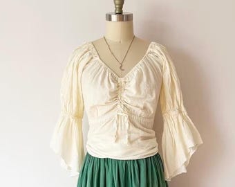 India Cotton Peasant Blouse Cream Bell Sleeve Ruched Renfaire Milkmaid Top Small