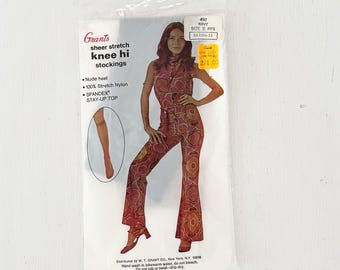 Storlek B Vintage Grants Knä Höga Strumpor Marinblå Transparent Stretchig Nylon NIP