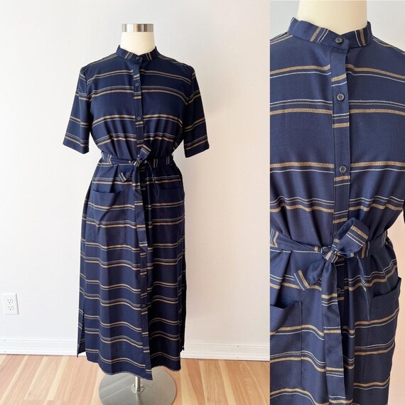 pendleton shirt dress SIZE XL Pendleton Shirt Dress Navy Blue Striped Wool Sheath Belted Midi  Pockets
