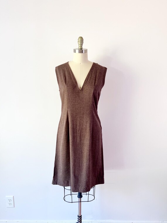 Vintage Brown Soft Jumper Dress Overall Pinafore V Neck Sleeveless Dark Academia