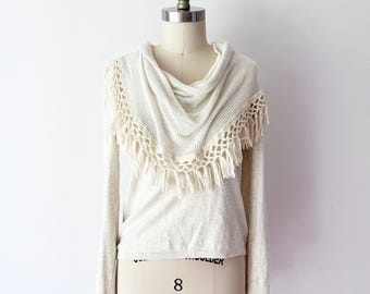 SIZE M Angel of the North Tasseled Cloud Cowlneck / Twee Anthropologie Y2K / Cream Knit  Sweater Cotton Soft Cowl Fringe