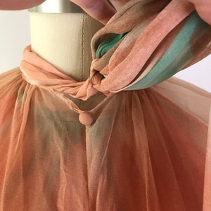 SIZE XS / XXS Vintage 1970s Peach Chiffon Floral Maxi Dress 70s Sheer Capelet Shawl Long Dress Orange Teal image 6