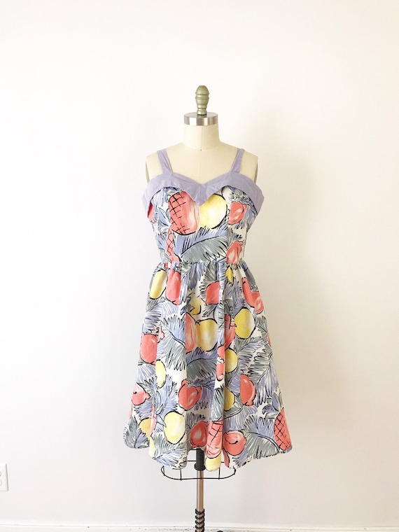 SIZE L Fruit Print Dress, 1980s Vintage Tropical F