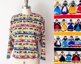SIZE S 1980s Novelty Print Blouse Ladies Holding Hands / 80s Dolman Sleeve Unique Polyester Blouse / Peasant Historical Dress Funky