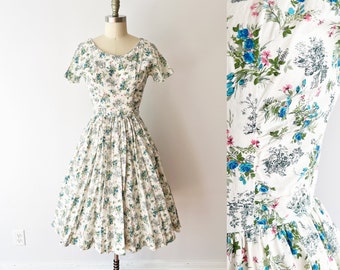 SIZE XS / S 1950s Toile Print Floral Cotton Dress / Novelty Print Nature Dress / Cotton Day Dress Summer