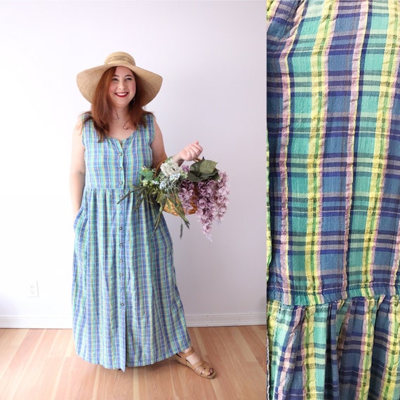 SIZE M/L 90s Plaid Maxi Cotton Dress 