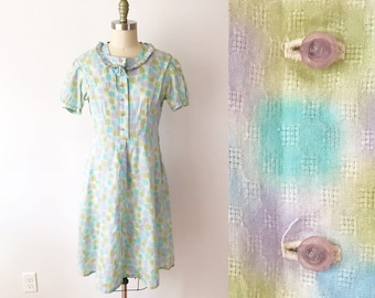 SIZE M 60s Vintage Pastel Splotch Day Dress - A Line Floral Button Spring Dress - Soft Woven Cotton Tie Dye Summer Dress