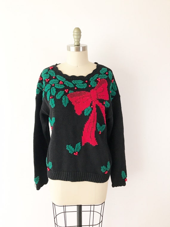 SIZE S 1980s Christmas Holly Holiday Sweater / 80… - image 2