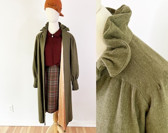 SIZE M/L 1930s Green Wool Lightweight Coat - Olive Long Swing Coat - 30s Maxi Coat - Ankle Length Warm Light Weight