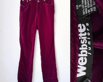 サイズ XXS / XS バーガンディ ベルベット パンツ Y2K / フレア ベルベット ミッド ライズ / 90年代 レッド、ウィムシゴス、ヴィンテージ、オックスブラッド、マルーン、インディーズ by Website Juniors