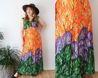 SIZE M/L 1970s Dela Ann Creations Leaf Print Maxi Dress / 70s Novelty Print Forest Long Dress / Vintage Orange Floor Length Dress