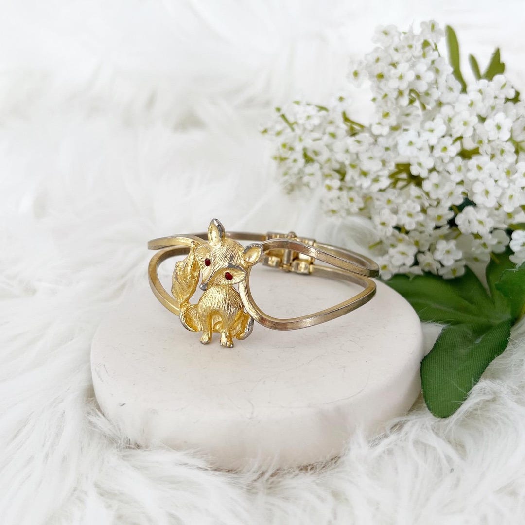 Fox Bangle Gold Tone Red Rhinestone Eyes Vintage Hinged Bracelet - Etsy
