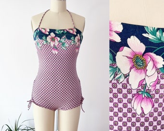 SIZE M/L 1970s Halter Tie Floral Swim Maillot - Somebody by Mainstream Swimsuit Shorts One Piece Bathing Suit Pink Purple Floral