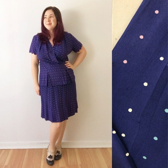 SIZE XL 1940s Vintage Polka Dot Scallop Sleeve Dre