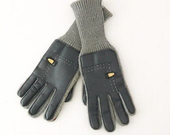 Vintage Faux Leather Knit Gloves Gray 80s - Driving Gloves - Leather Palm - Knit Fingers - Knitted