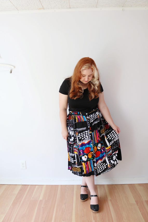 SIZE 2X / 3X 1980s Black Abstract Skirt / 80s Brushstrokes Button Front Vintage Skirt, Funky, Art to Wear