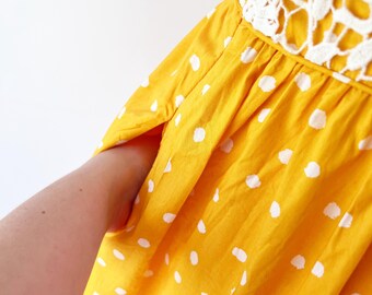Moulinette Soeurs Dress Yellow Polka Dot Lace Back Pintuck Pockets 6 - Etsy
