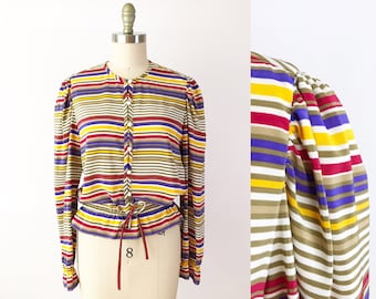 SIZE S 70s Colorful Striped Blouse / 70s Nipon Peplum Drawstring Waist Shirt / Vintage Stripe Top Long Sleeve Ruffle Puff Sleeve Bold