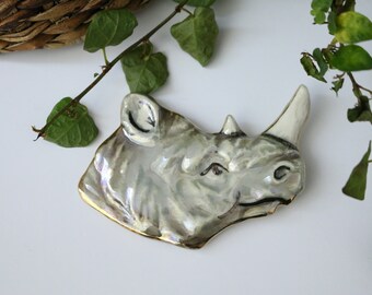 Large Ceramic Rhinoceros Brooch - Gold Rimmed Safari African Animal Pin - Ceramic Art to Wear Brooch