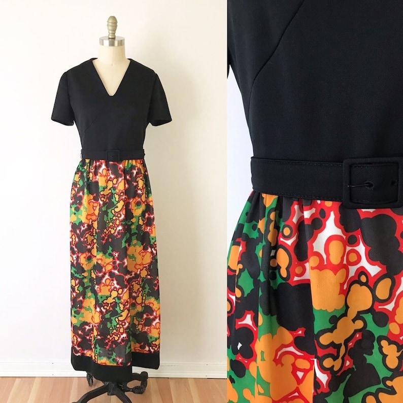 SIZE SM Vintage 1970s Black Maxi Dress Hostess Long V Neck