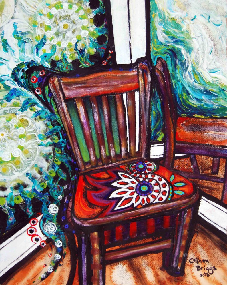 May include: A wooden chair with a colourful floral patterned seat. The chair is painted in shades of brown, green, and red. The background is a colourful abstract painting.