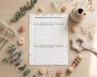 May include: A newborn feeding tracker with floral accents and the title "NEWBORN FEEDING TRACKER". The tracker includes sections for feeding details, time, breast, pump, and bottle. A wooden rattle and a teething ring are also visible.