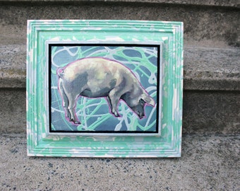 Teal & Gray Framed Pig Painting
