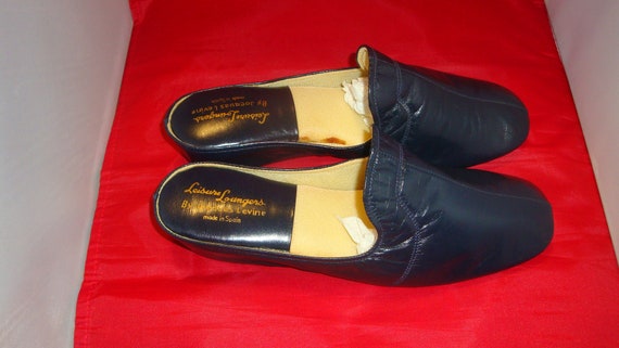 Vintage Jacques Levine Navy Blue Leather Slippers… - image 2