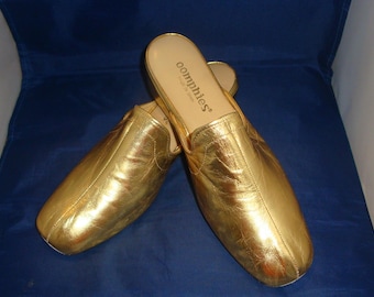 Pantuflas/Zapatos Vintage Oomphies Granada Classic de cuero dorado (años 80), talla 10 (nuevos, sin usar).