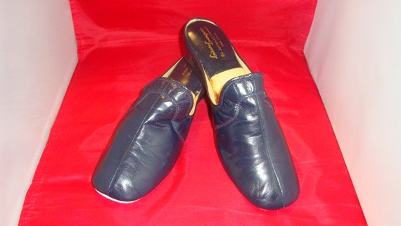 Vintage Jacques Levine Navy Blue Leather Slippers… - image 1