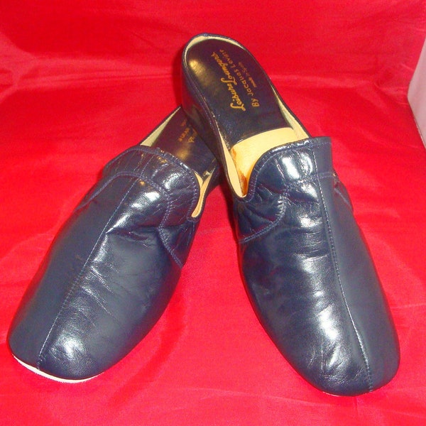 Vintage Jacques Levine Navy Blue Leather Slippers/House Shoe Size 9 (New Old Stock)