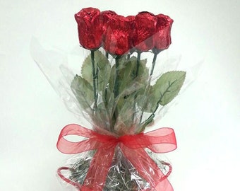 Six Foil Wrapped Chocolate Roses in Painted Metal Pail, Any Foil Color and Chocolate Flavor