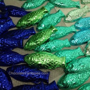 Large Foil Wrapped Chocolate Fish Favors, Set of two in poly bag, tied with ribbon, any color foil, ribbon & flavor