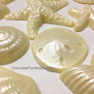 May include: Assortment of white chocolate seashells, starfish, and sand dollars. The chocolate is decorated with a pearlescent finish.