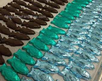 Foil Wrapped Medium Chocolate Fish, HALF pound bulk box (approx. 23 pcs), in any color foil and flavor