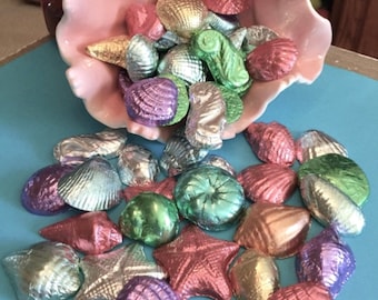 Foil Wrapped Chocolate Seashells, 1 lb Bulk Boxed, Approx 43 pcs. Any Chocolate Flavor, Any Foil Color