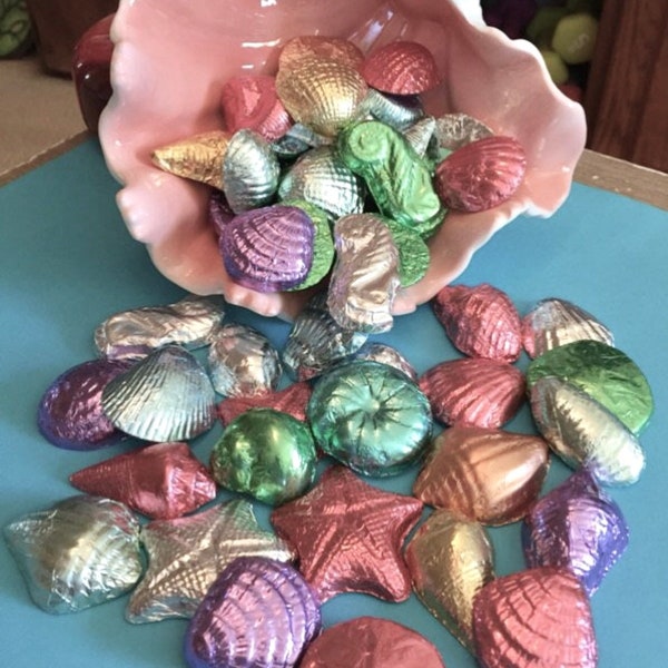 Foil Wrapped Chocolate Seashells, 1 lb Bulk Boxed, Approx 43 pcs. Any Chocolate Flavor, Any Foil Color